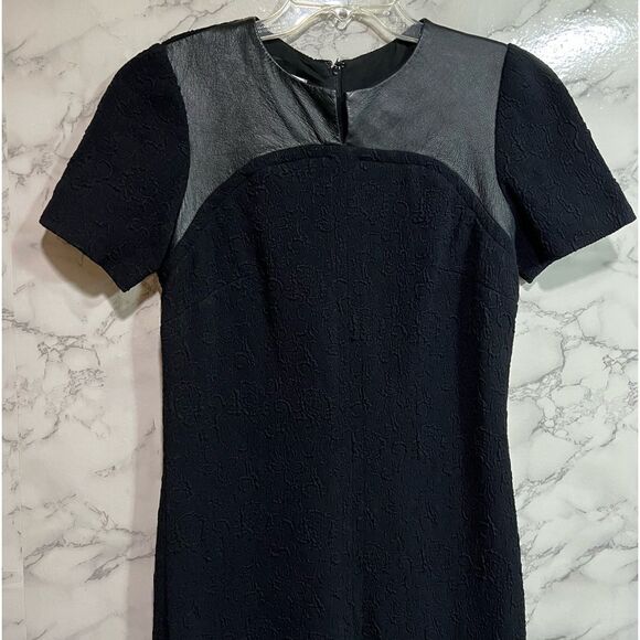 Teri Jon Sportswear Black Crepe Textured Leather Trim Sheath Dress Size 8 - Picture 2 of 6